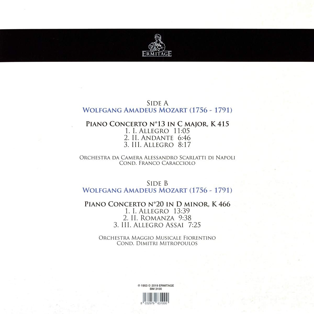 MOZART: Piano Concertos 13 & 20 - Michelangeli, Mitropoulos, Caracicciola (180g LP)
