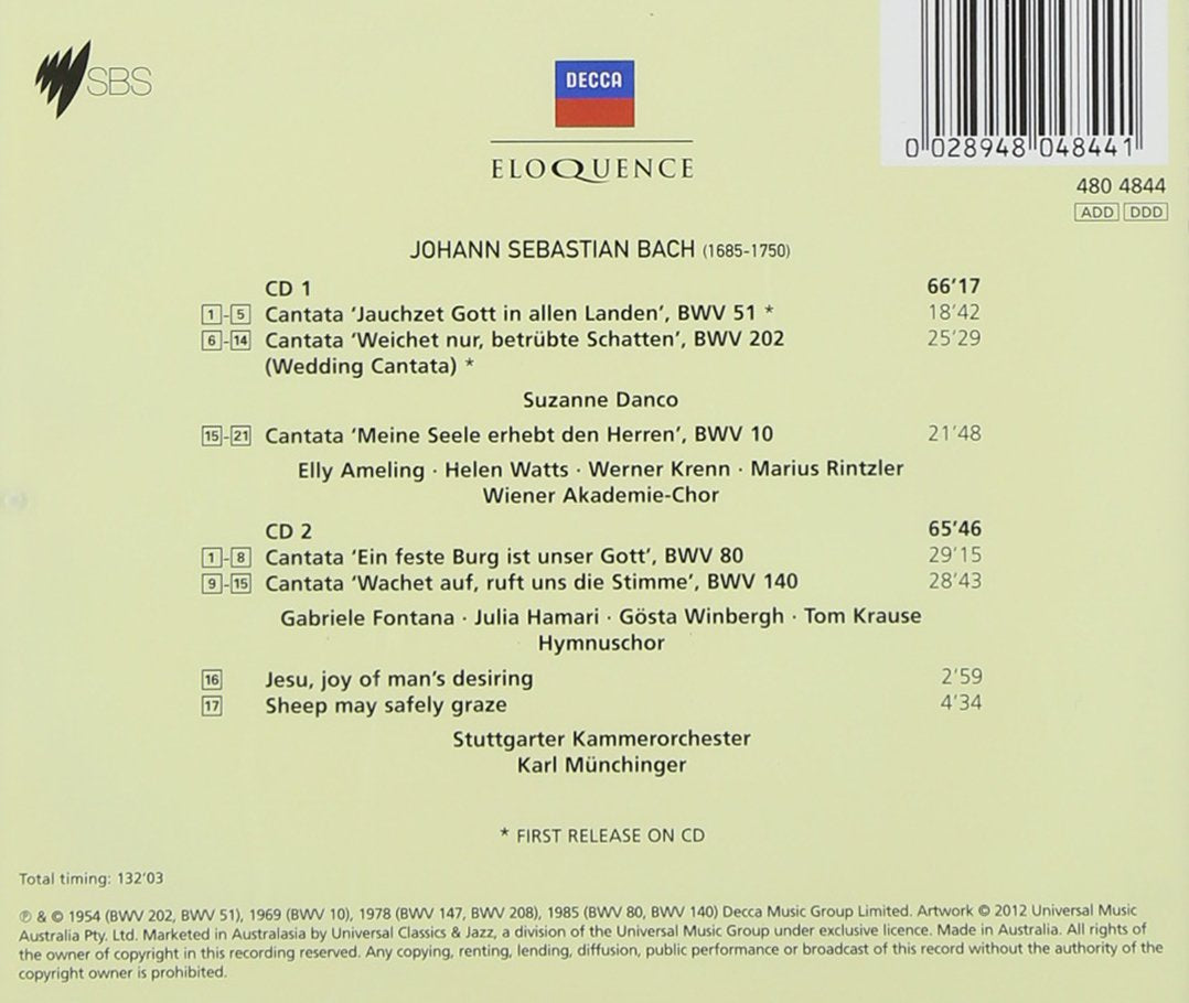 BACH: Cantatas - Danco; Krause, Winburgh, Stuttgarter Kammerorchester; Karl Munchinger (2CDS)