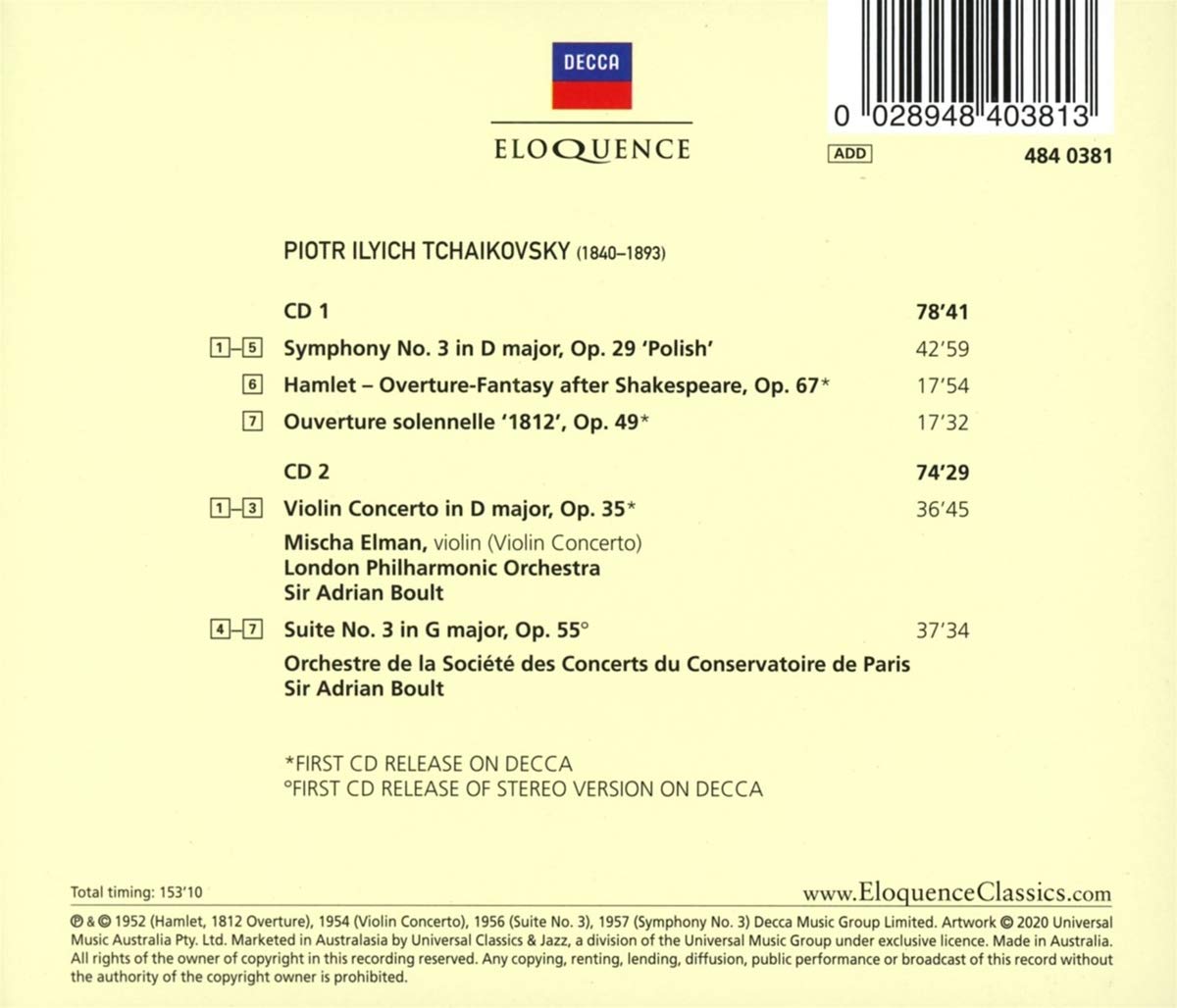 BOULT CONDUCTS TCHAIKOVSKY - SYMPHONY NO. 3; SUITE NO. 3; VIOLIN CONCERTO, OVERTURES (2 CDS)