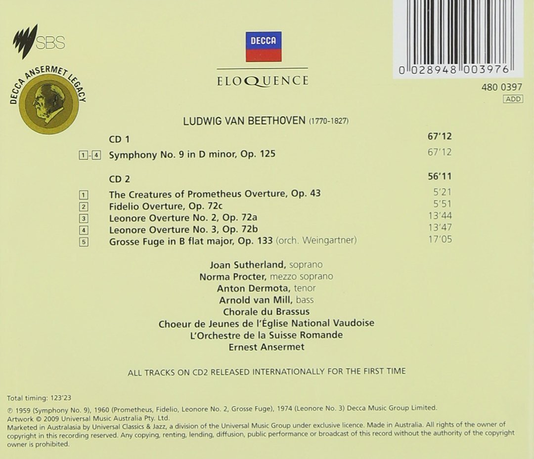 BEETHOVEN: SYMPHONY NO. 9, OVERTURES - L'Orchestre de la Suisse Romande, Ernest Ansermet (2 CDs)