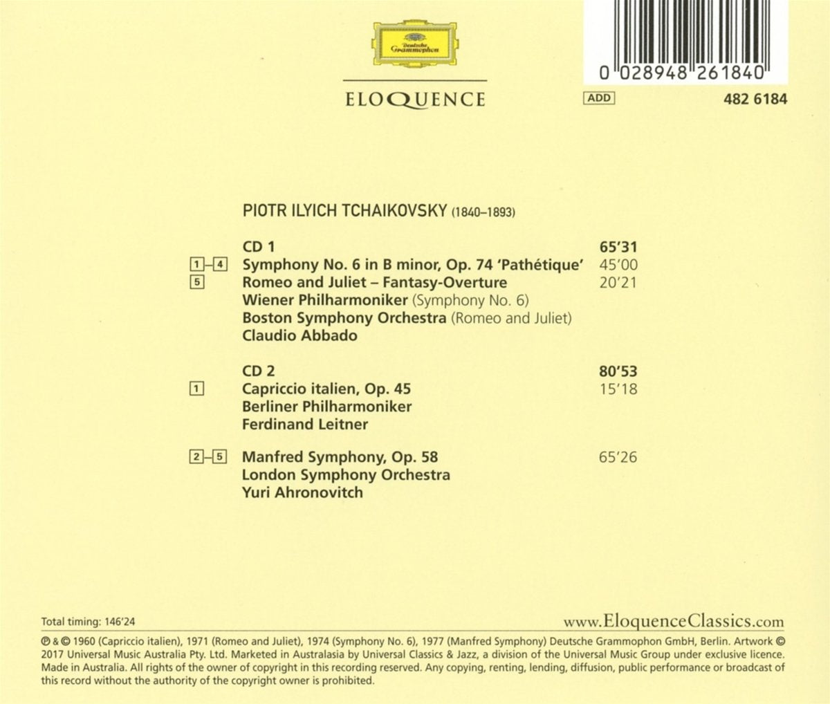 TCHAIKOVSKY: SYMPHONY NO. 6; MANFRED SYMPHONY; ROMEO AND JULIET AND MORE - ABBADO, LEITNER (2 CDS)