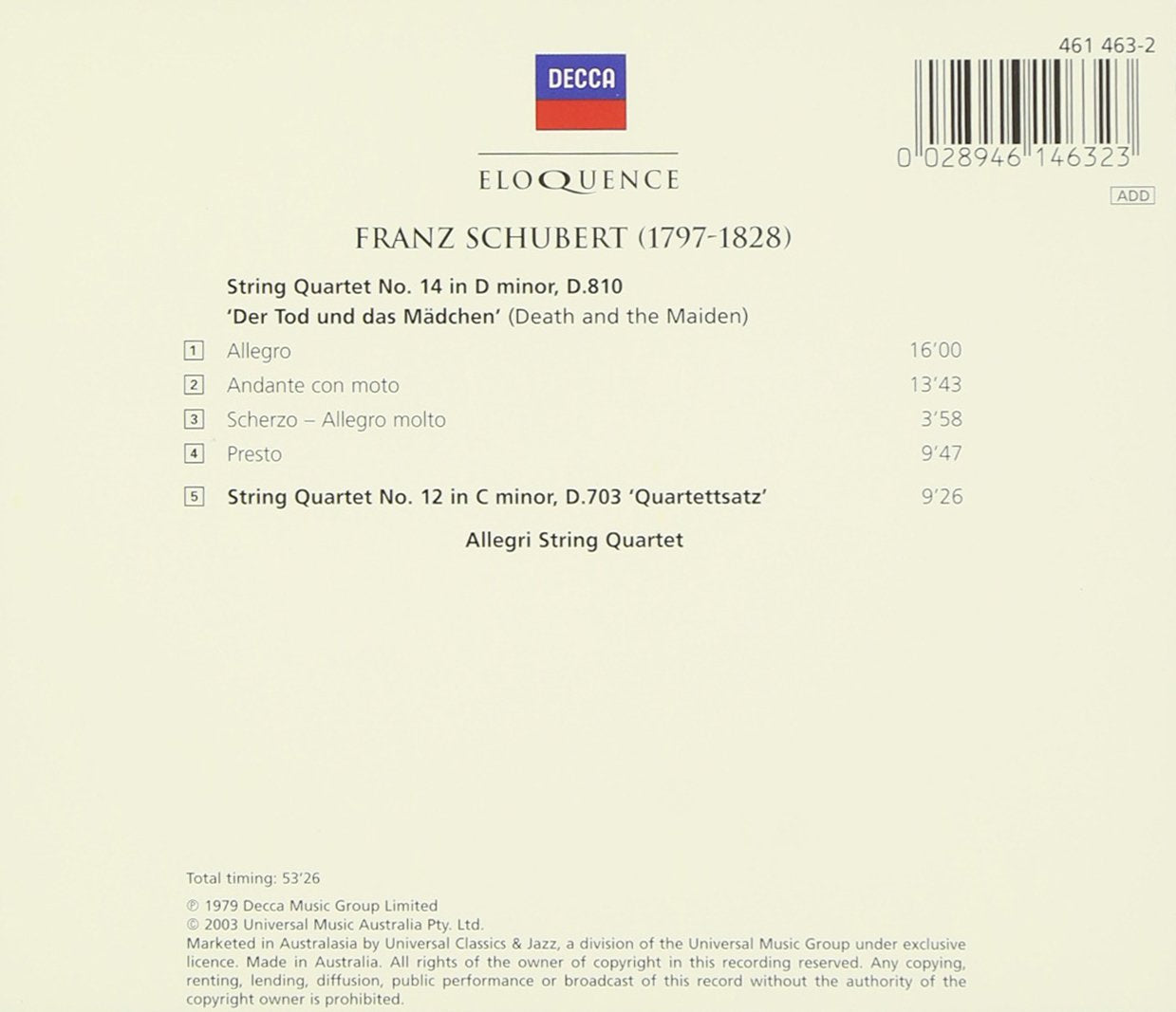 SCHUBERT: String Quartet No. 14 "Death and the Maiden", String Quartet No. 12 "Quartettsatz" - Allegri Quartet