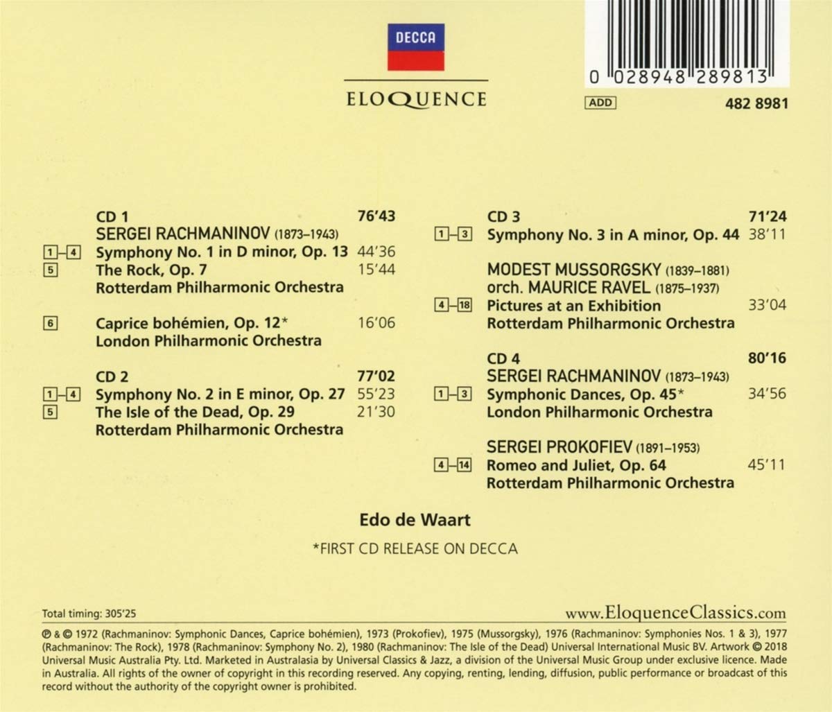 RACHMANINOV - MUSSORGSKY - PROKOFIEV: ORCHESTRAL WORKS - EDO DE WAART; ROTTERDAM PHILHARMONIC; LONDON PHILHARMONIC (4 CDS)