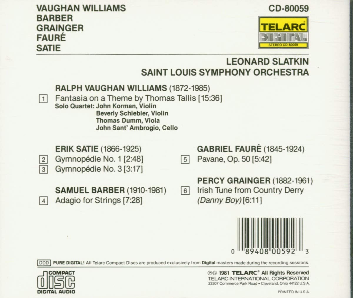 VAUGHAN WILLIAMS: FANTASIA ON A THEME BY THOMAS TALLIS; GRAINGER: IRISH TUNE; BARBER: ADAGIO and more - LEONARD SLATKIN, ST. LOUIS SYMPHONY ORCHESTRA
