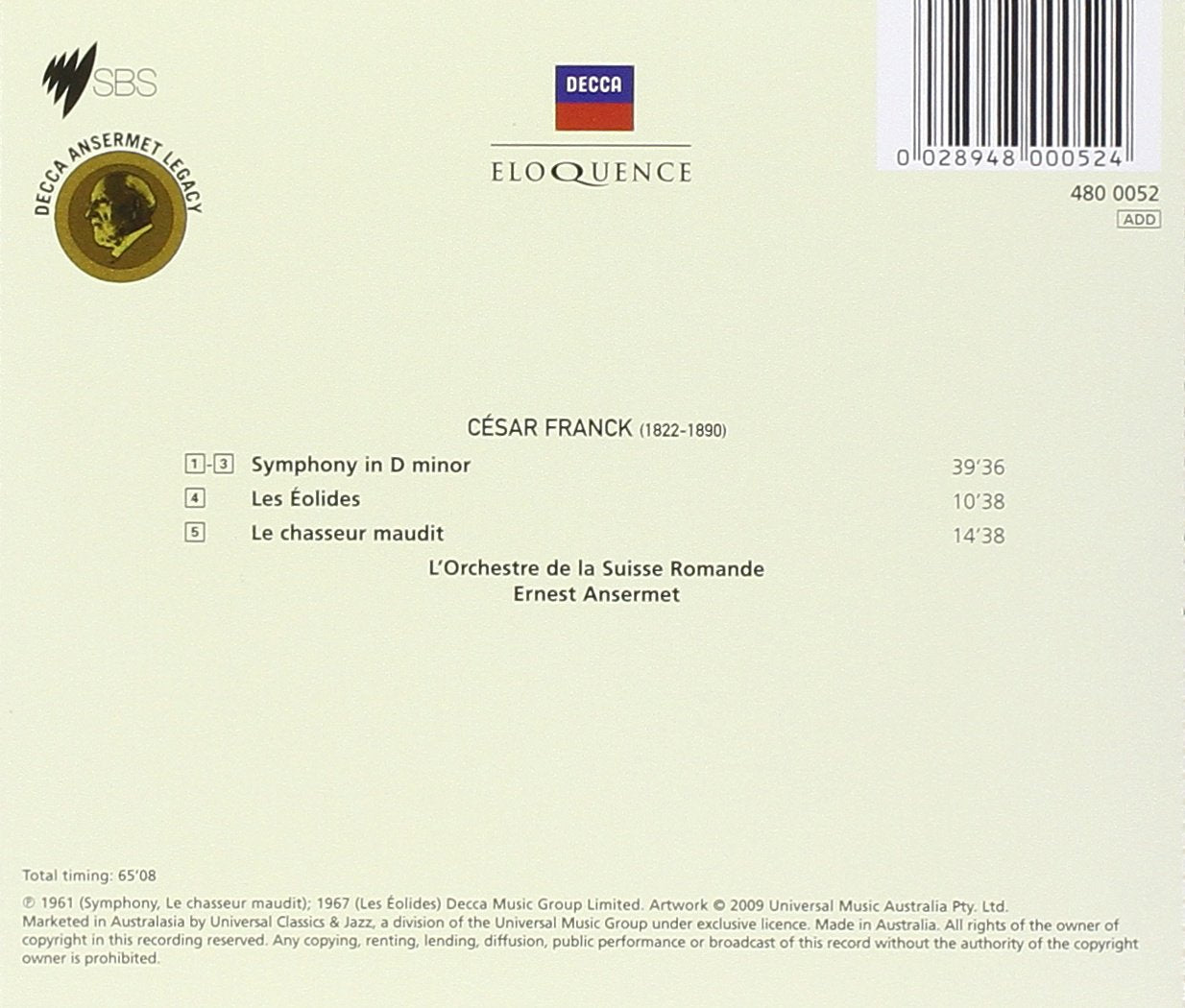 FRANCK: SYMPHONY IN D MINOR; LES EOLIDES, LE CHAUSSEUR MAUDIT - ERNEST ANSERMET, L'ORCHESTRA DE LA SUISSE ROMANDE
