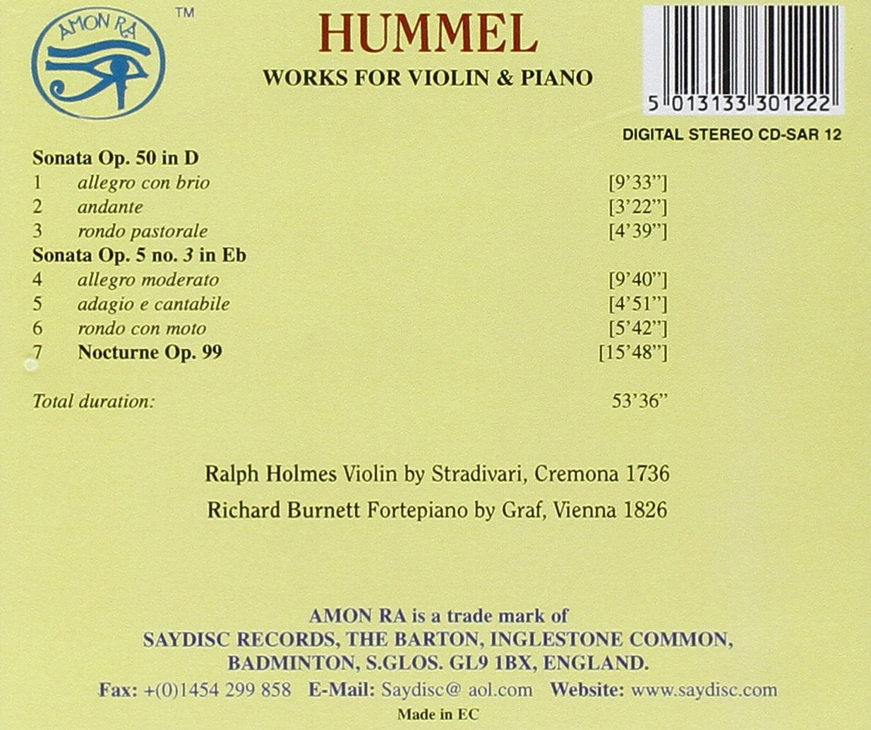 Hummel: Violin & Piano Works: Ralph Holmes, Richard Burnett