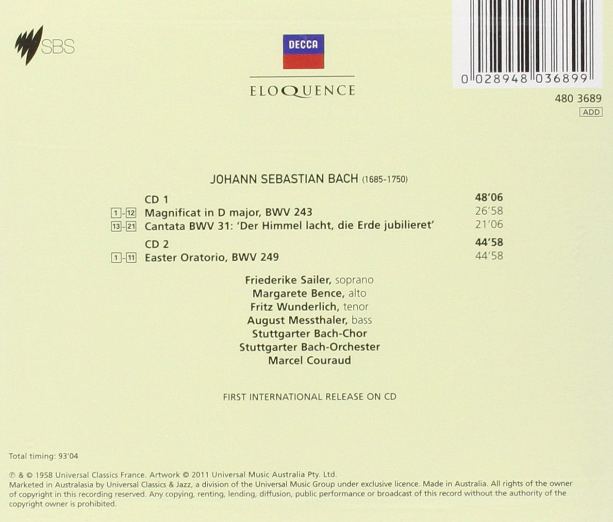 BACH: Magnificat, Cantata BWV 31, Easter Oratorio - Wunderlich, Stuttgarter Bach-Chor & Orchester (2 CDs)