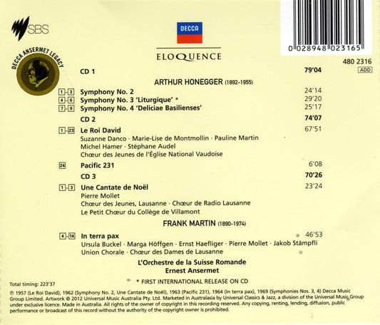 HONEGGER: Symphonies Nos. 2 - 4, Pacific 231, Le Roi David, Cantate de Noel; MARTIN: In Terra Pax - Ansermet, L’Orchestre de la Suisse Romande (3 CDs)