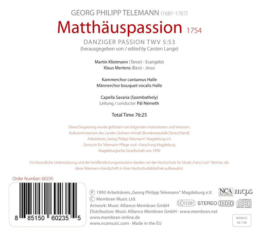 TELEMANN: St Matthew Passion (DANZIGER PASSION 1754)