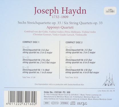 HAYDN: 6 String Quartets, Op. 33 - Apponyi Quartet (2 CDs)