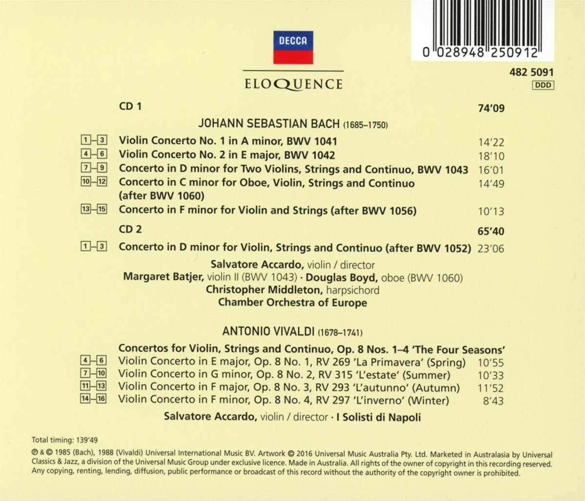 BACH: Violin Concertos; VIVALDI: The Four Seasons - Salvatore Accardo, Chamber Orchestra of Europe, I Solisti di Napoli (2 CDs)