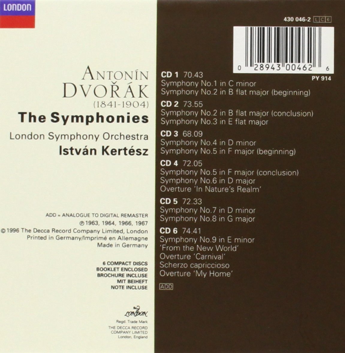 DVORÁK: THE SYMPHONIES/OVERTURES - KERTESZ, LONDON SYMPHONY (6 CDS)