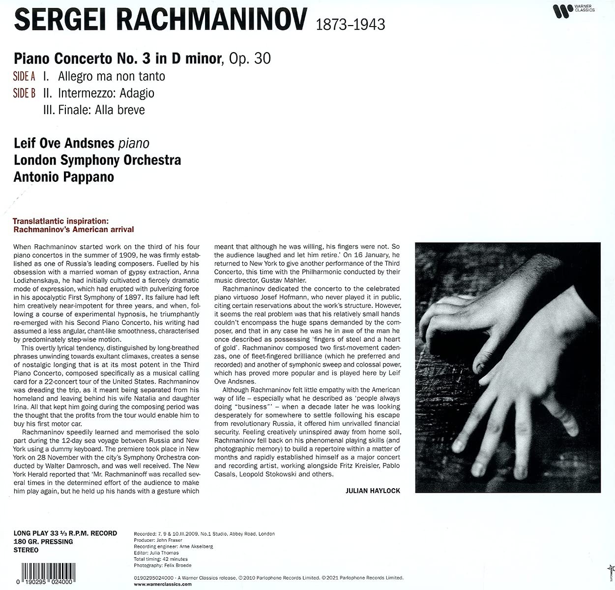 RACHMANINOV: PIANO CONCERTO NO. 3 - LEIF OVE ANDSNES, ANTONIO PAPPANO, LONDON SYMPHONY ORCHESTRA (LP)