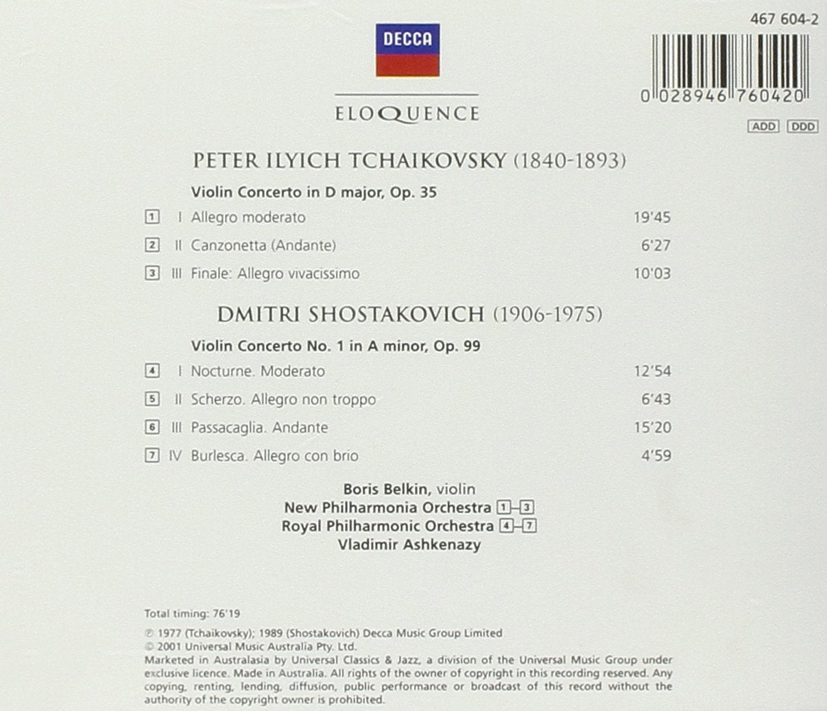 TCHAIKOVSKY: VIOLIN CONCERTO; SHOSTAKOVICH: VIOLIN CONCERTO NO. 1 - BELKIN