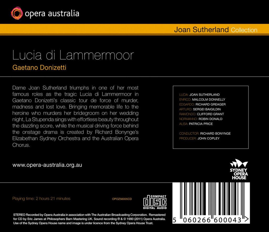 DONIZETTI: LUCIA DI LAMERMOOR - OPERA AUSTRALIA; SUTHERLAND; BONYNGE (2 CDS)