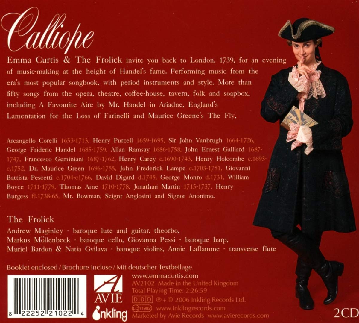 Calliope, Volume the First: Songbooks of the 1700s - Emma Curtis, The Frolick (2 CDS)