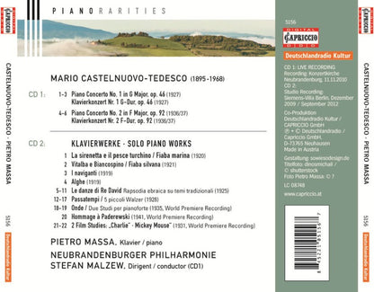 Castelnuovo-Tedesco: Piano Concertos Nos. 1 & 2; Solo Piano Works: Pietro Massa, Neubrandenbruger Philharmonie, Stefan Malzew (2 CDS)
