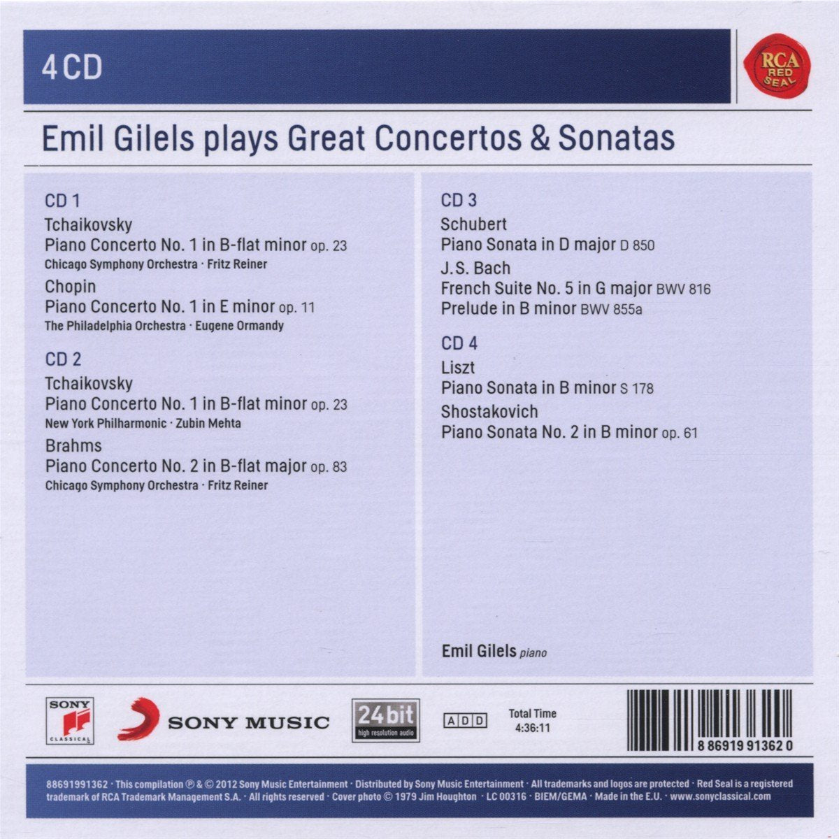 EMIL GILELS PLAYS GREAT CONCERTOS AND SONATAS - Bach, Brahms, Chopin, Liszt, Schubert, Shostakovich, Tchaikovsky (5 CDs)