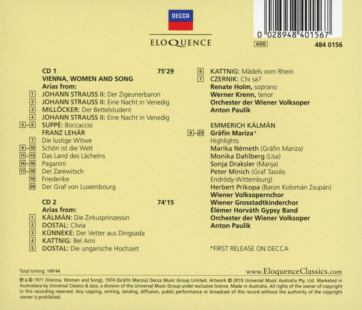 VIENNA, WOMEN AND SONG (STRAUSS, JR, LEHAR, SUPPE, KALMAN) - ANTON PAULIK (2 CDS)
