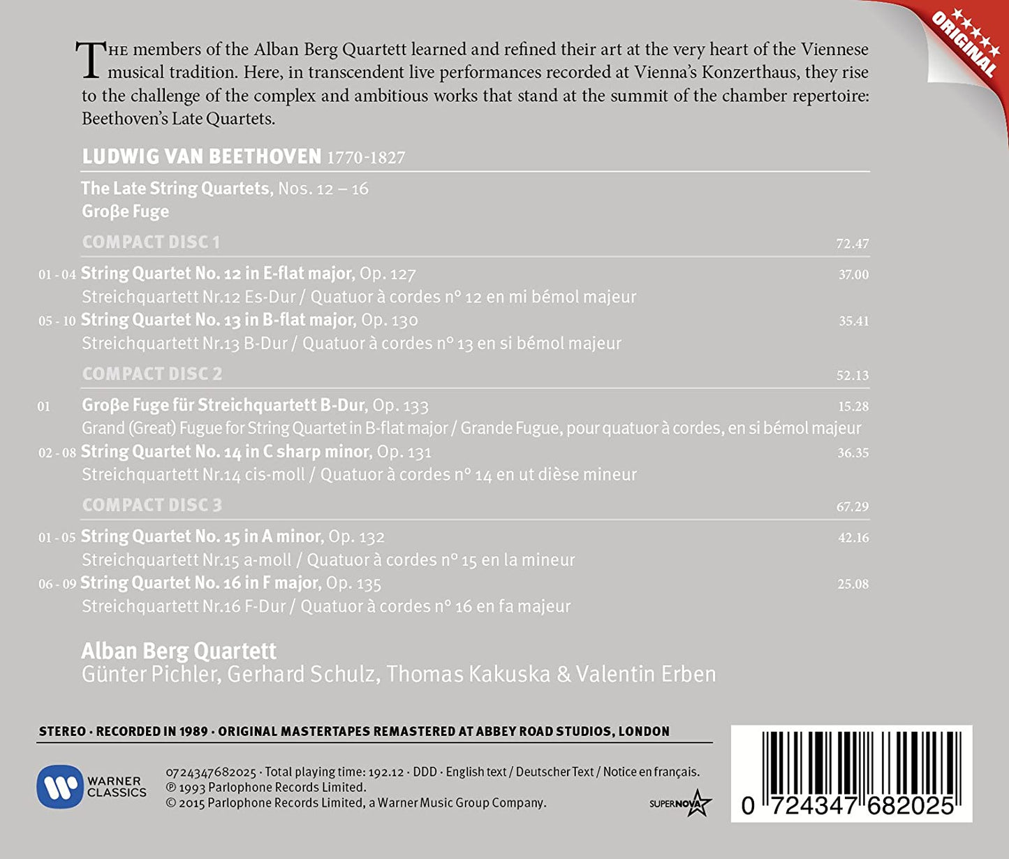 BEETHOVEN: LATE STRING QUARTETS - ALBAN BERG QUARTET (3 CDS)