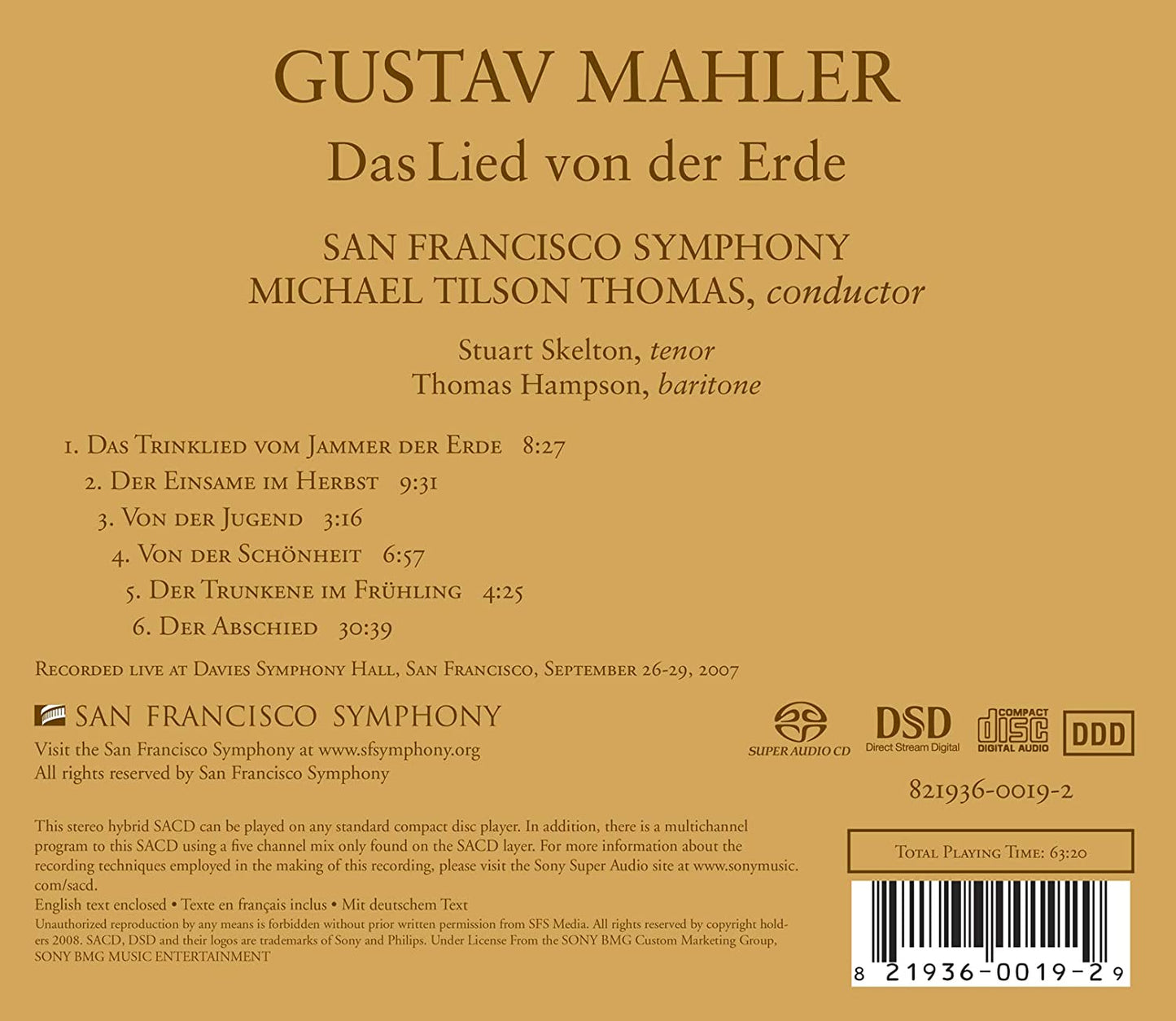 MAHLER: DAS LIED VON DER ERDE - Thomas Hampson, San Francisco Symphony, Tilson-Thomas (HYBRID SACD)