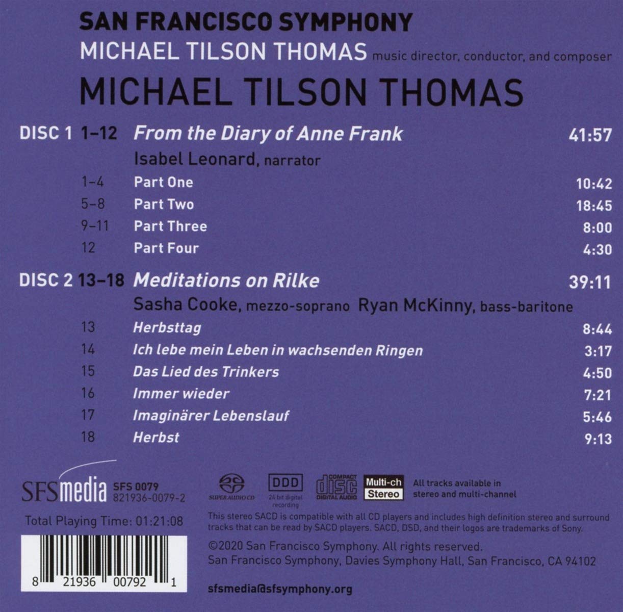 TILSON-THOMAS: FROM THE DIARY OF ANNE FRANK & MEDITATIONS ON RILKE - San Francisco Symphony, Michael Tilson-Thomas (2 Hybrid SACDs)