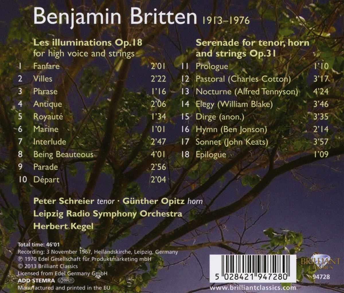 BRITTEN: Les Illuminations, Op. 18 - Serenade, Op. 31 - Peter Schreier (tenor), Gunther Opitz (horn)  Leipzig Radio Symphony Orchestra, Herbert Kegel