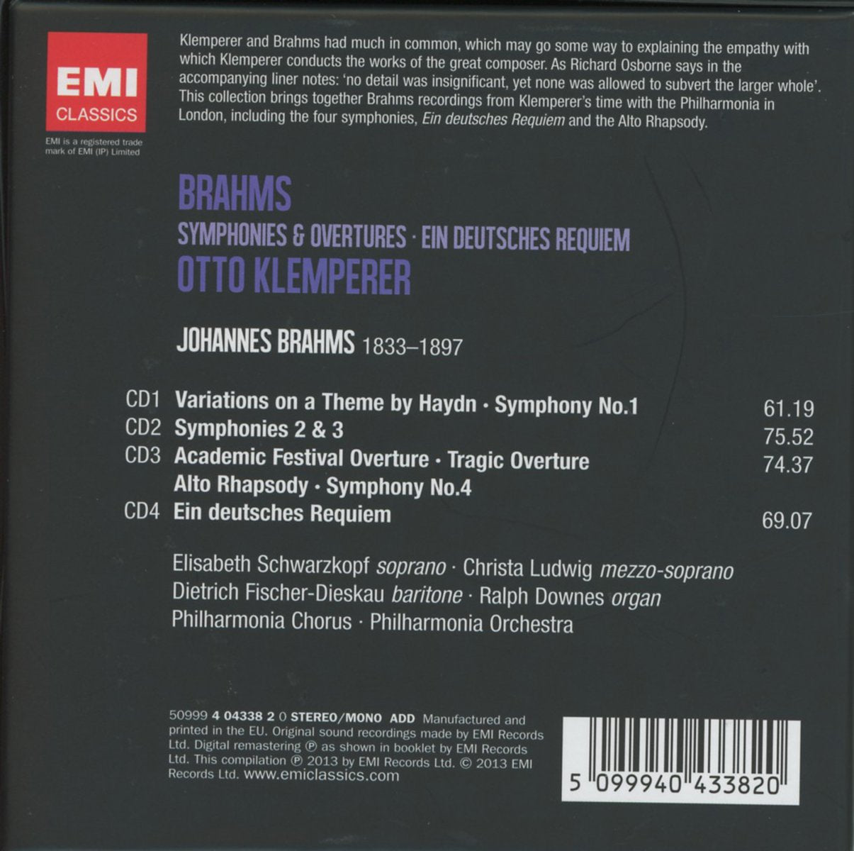 BRAHMS: SYMPHONIES & OVERTURES; EIN DEUTSCHE REQUIEM - KLEMPERER, PHILHARMONIA (4 CDS)