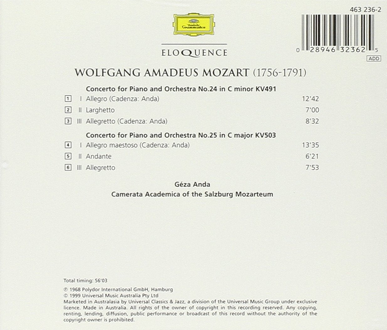 MOZART: Piano Concertos 24 & 25 - Geza Anda, Camerata Accademica of the Salzburg Mozarteum