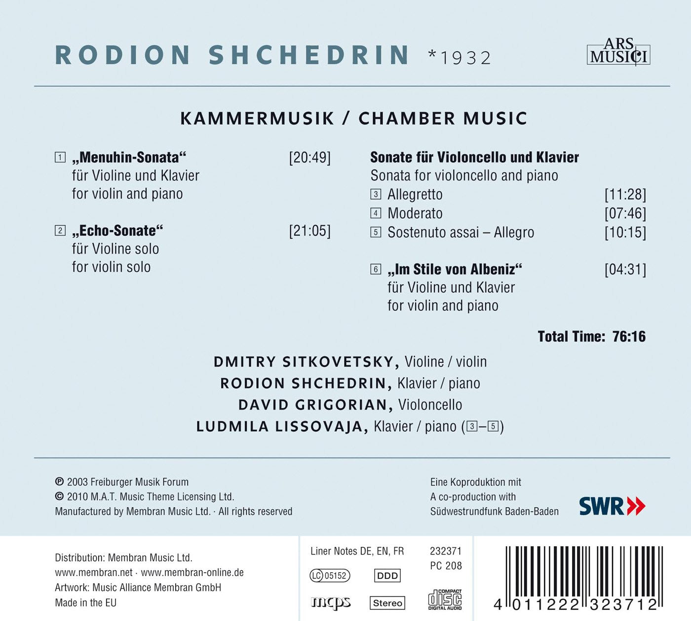 SHCHEDRIN: Chamber Music - Sitkovetsky, Shchedrin, Grigorian, Lissovaja