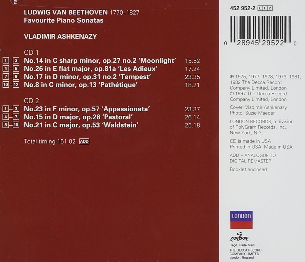 BEETHOVEN: FAVOURITE PIANO SONATAS - ASHKENAZY (2 CDS)