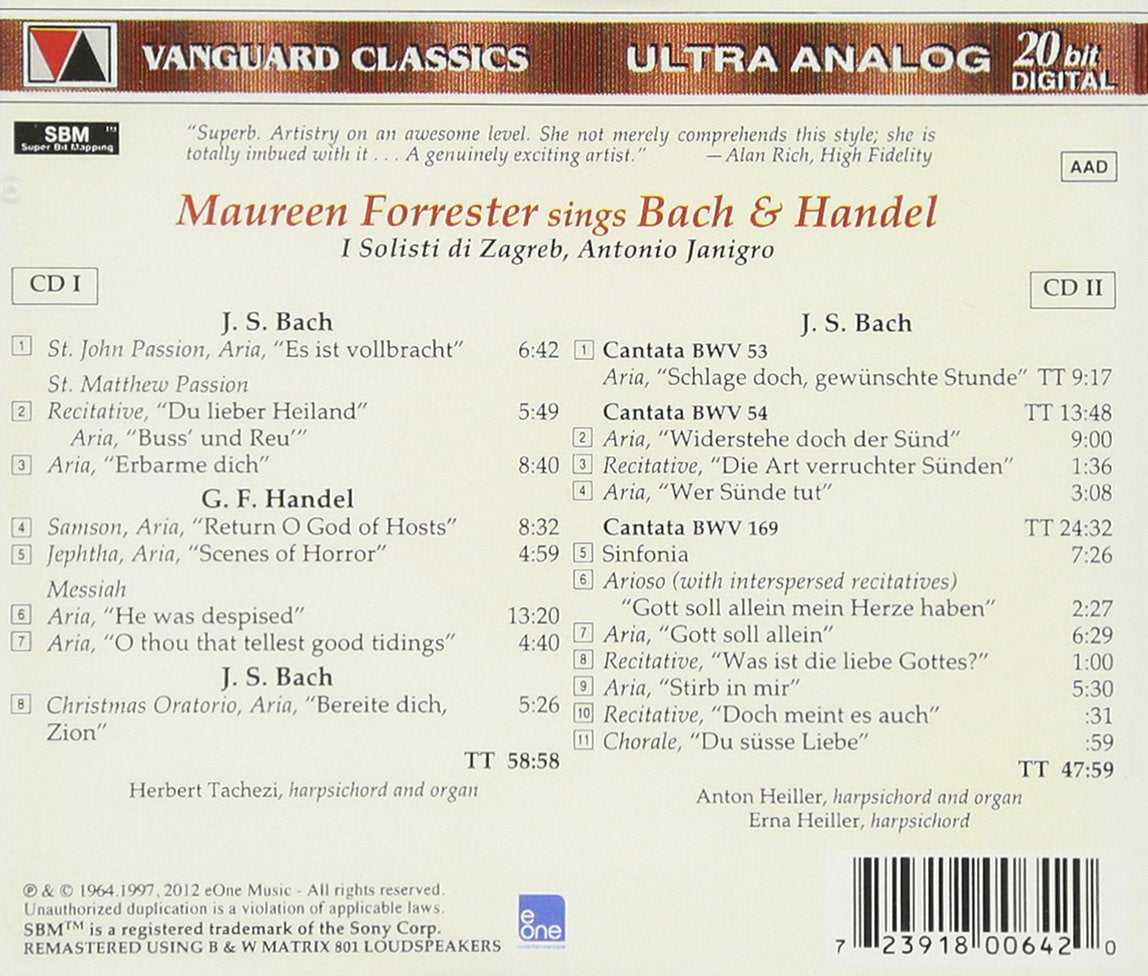 MAUREEN FORRESTER SINGS BACH & HANDEL - I SOLISTI DI ZAGREB, ANTONIO JANIGRO (2 CDS)