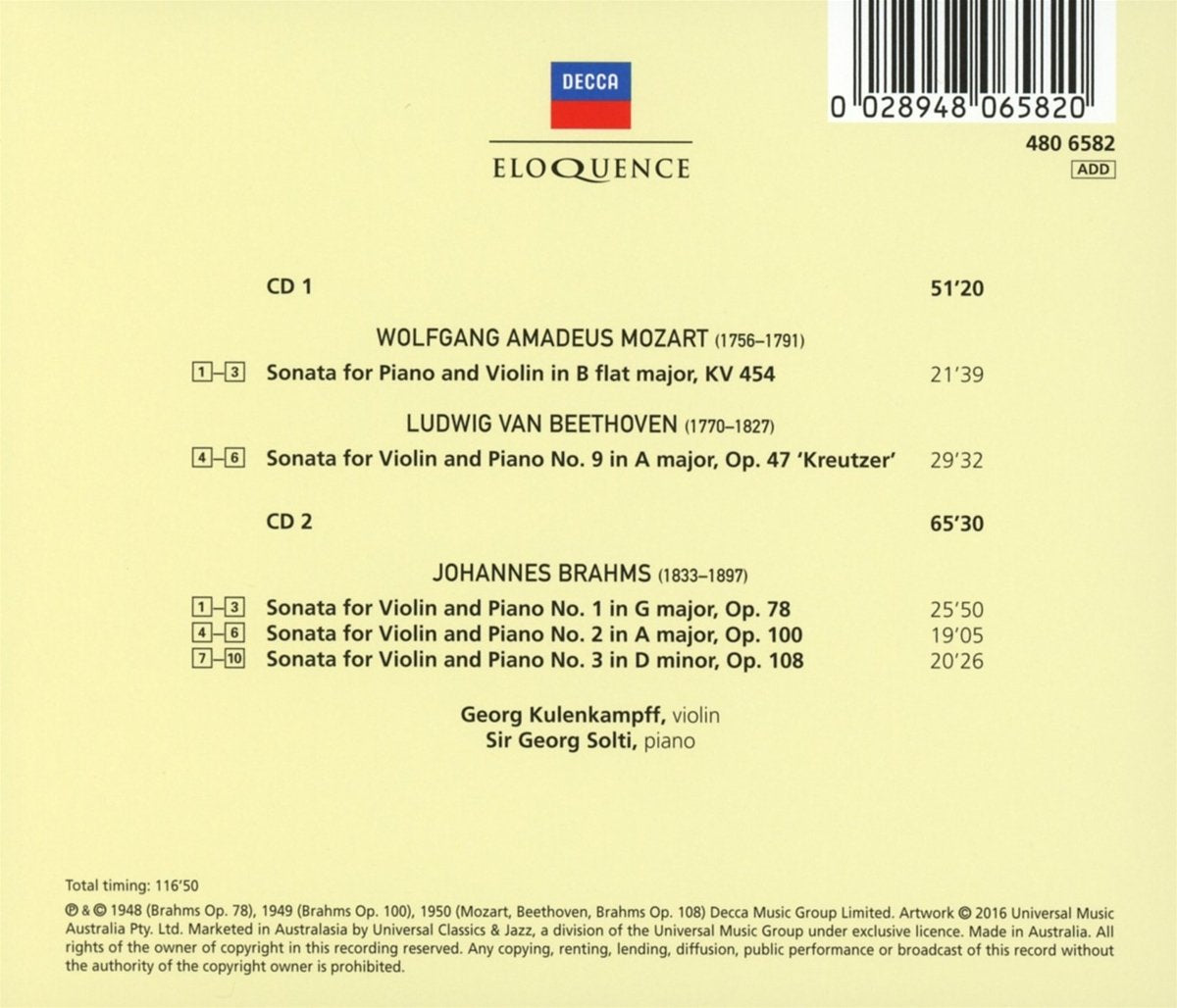BEETHOVEN / MOZART / BRAHMS: VIOLIN SONATAS - KULENKAMPFF; SOLTI (2 CDS)