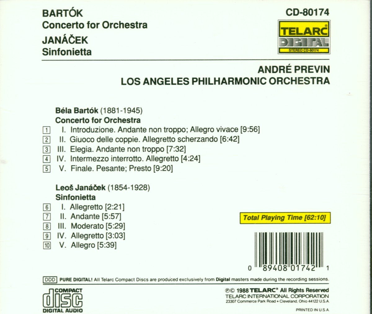 BARTOK: CONCERTO FOR ORCHESTRA; /JANACEK: SINFONIETTA - Andre Previn, Los Angeles Philharmonic