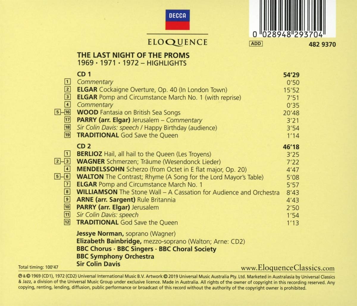 THE LAST NIGHT OF THE PROMS (1969, 1971, 1972) - JESSYE NORMAN, SIR COLIN DAVIS, BBC SYMPHONY AND CHORUS (2 CDS)