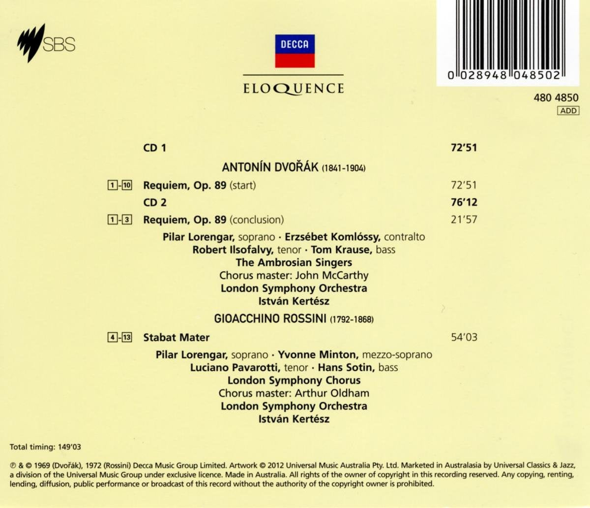 DVORÁK: Requiem; ROSSINI: Stabat Mater - Pavarotti, Lorengar, The Ambrosian Singers, Pavarotti, London Symphony Orchestra (2 CDs)