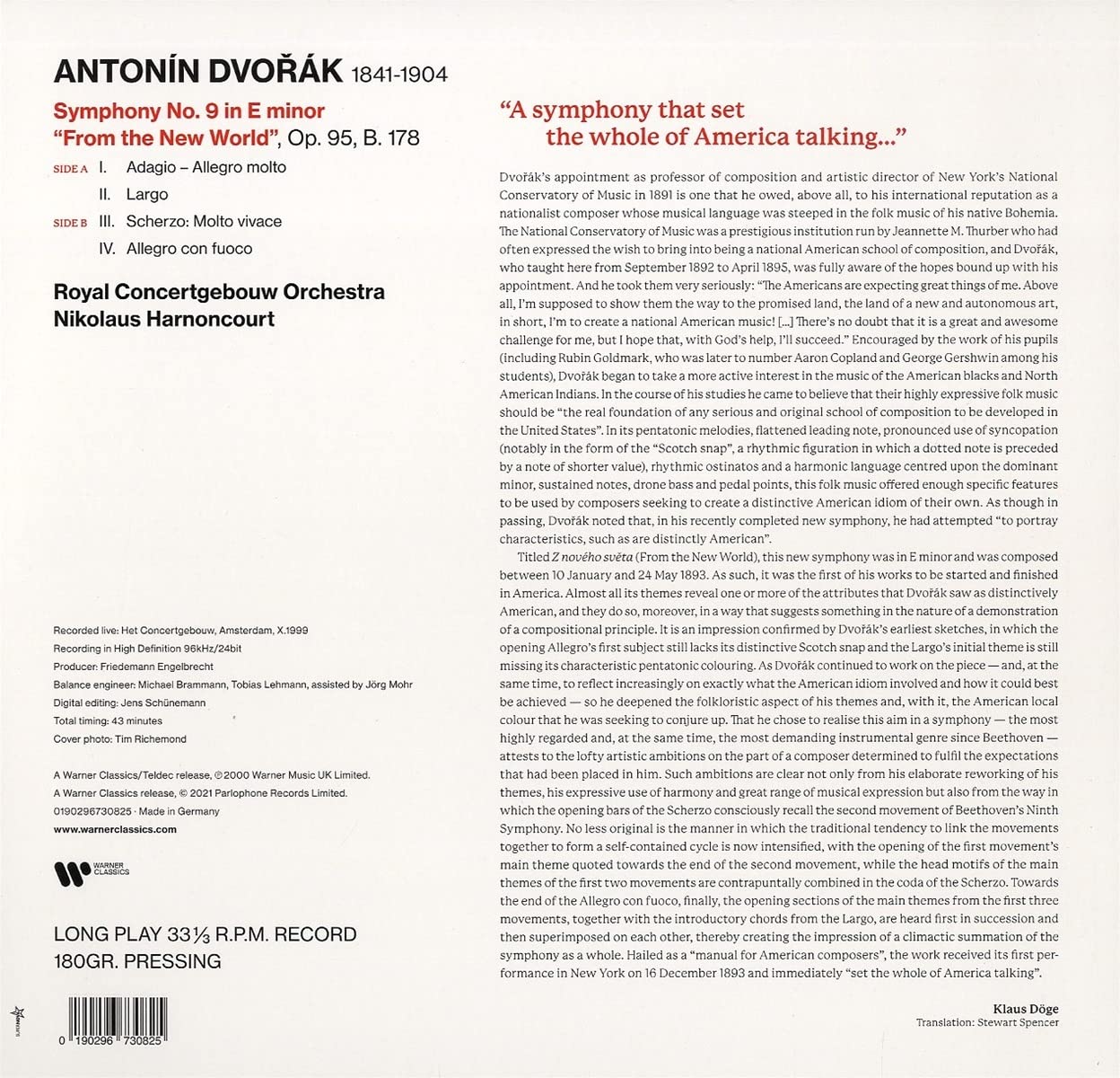DVORAK: SYMPHONY NO. 9 "FROM THE NEW WORLD" - ROYAL CONCERTGEBOUW ORCHESTRA. NIKOLAUS HARNONCOURT (LP)
