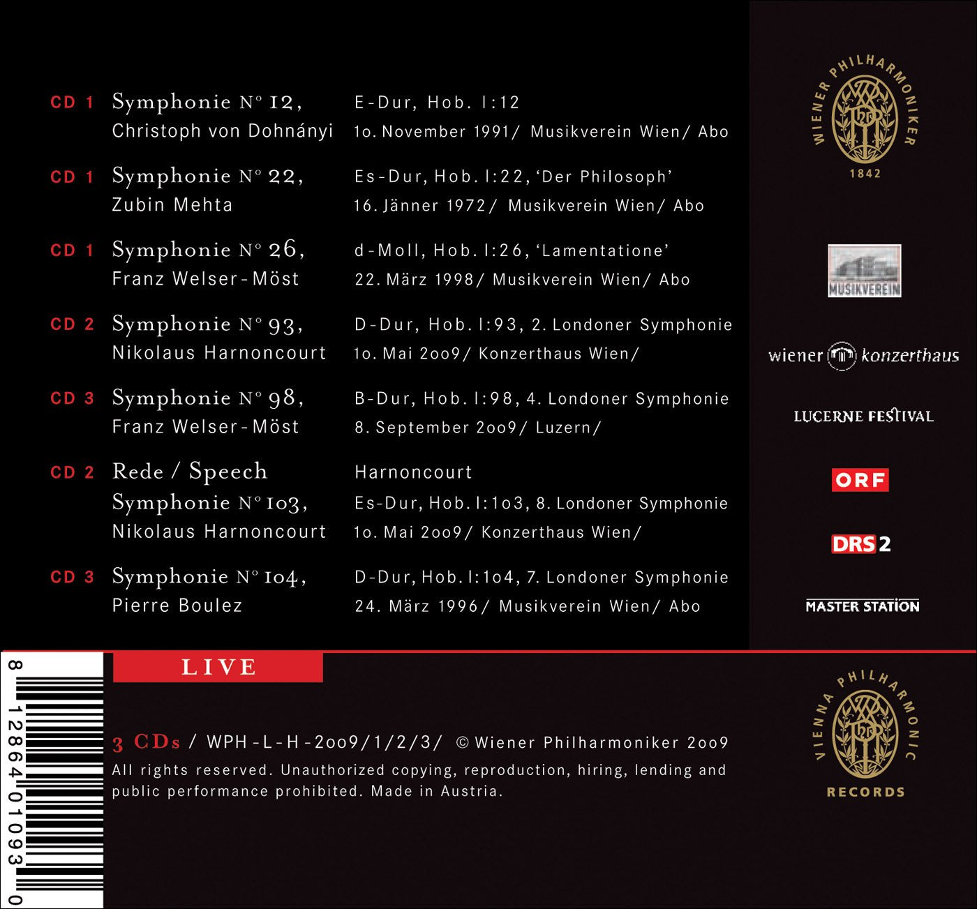 HAYDN: SYMPHONIES - BOULEZ, MEHTA, HARNONCOURT, DOHNANYI, WELSER-MOST, VIENNA PHILHARMONIC (3 CDS)