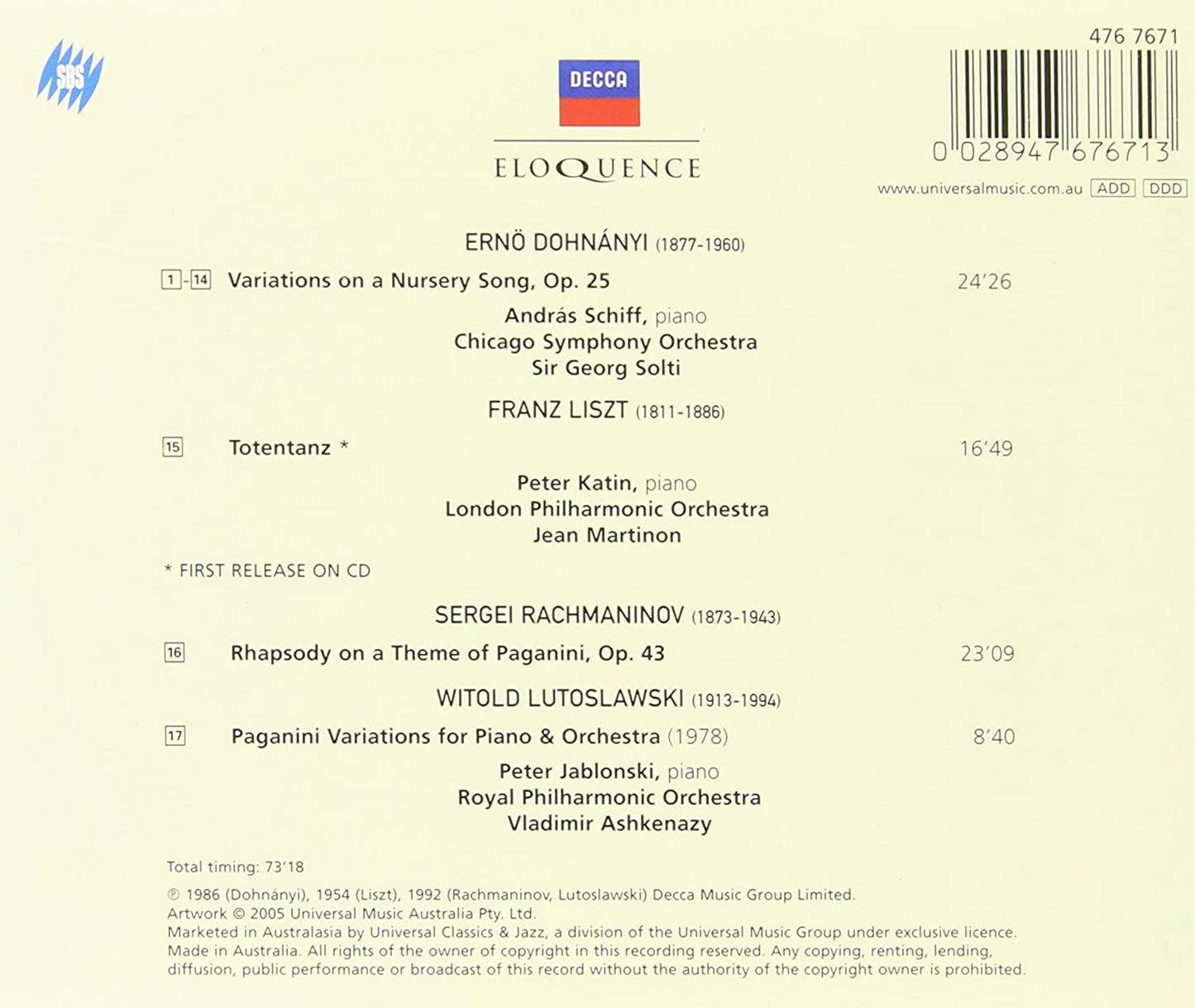 RACHMANINOV: Variations on a Theme by Paganini; DOHNANYI: Nursery Variations; LISZT: Totentanz; LUTOSLAWSKI: Paganini Rhapsody - Jablonski, Schiff, Katin