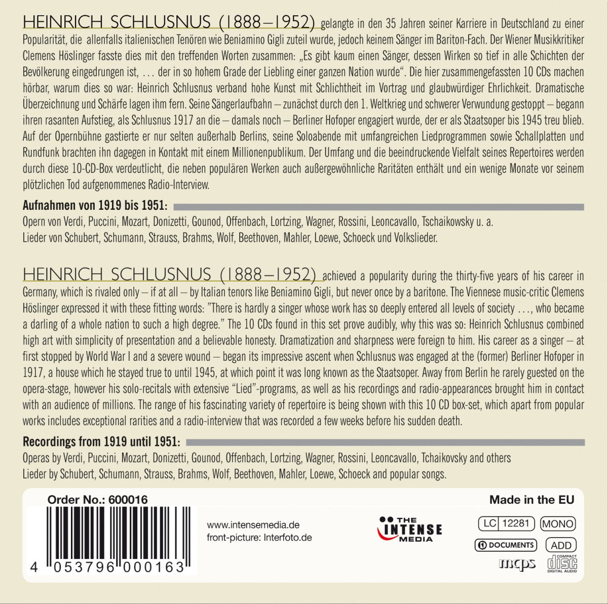 HEINRICH SCHLUSNUS: A Baritone As A Superstar (10 CDS)