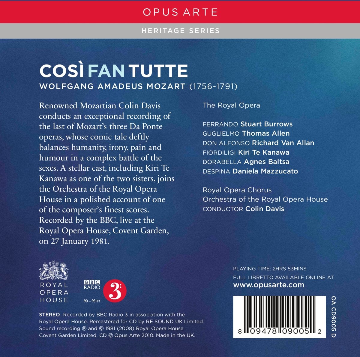 MOZART: Cosi Fan Tutte - teKanawa, Baltsa, Allen, Van Allan, Burrows, Colin Davis, Royal Opera House Orchestra and Chorus (3 CDs)