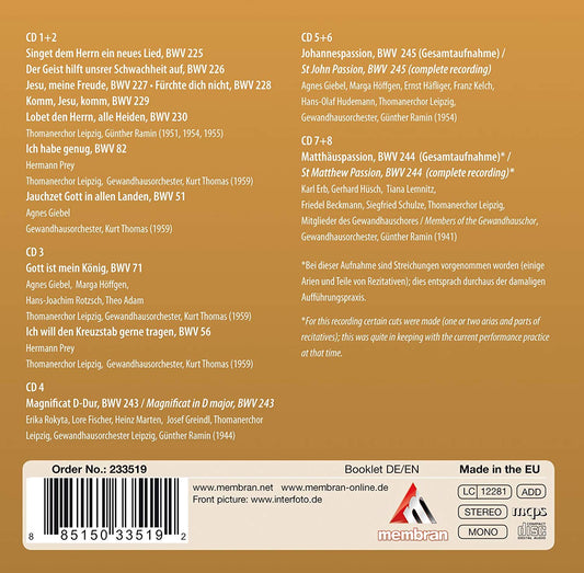 BACH: 800 YEARS OF THE ST. THOMAS CHOIR, Leipzig - MOTETS, CANTATAS, PASSIONS (8 CDS)