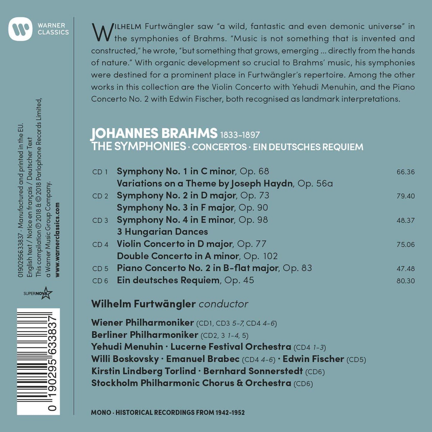 BRAHMS: THE SYMPHONIES, CONCERTOS, EINE DEUTSCHES REQUIEM - FURTWANGLER (6 CDS)