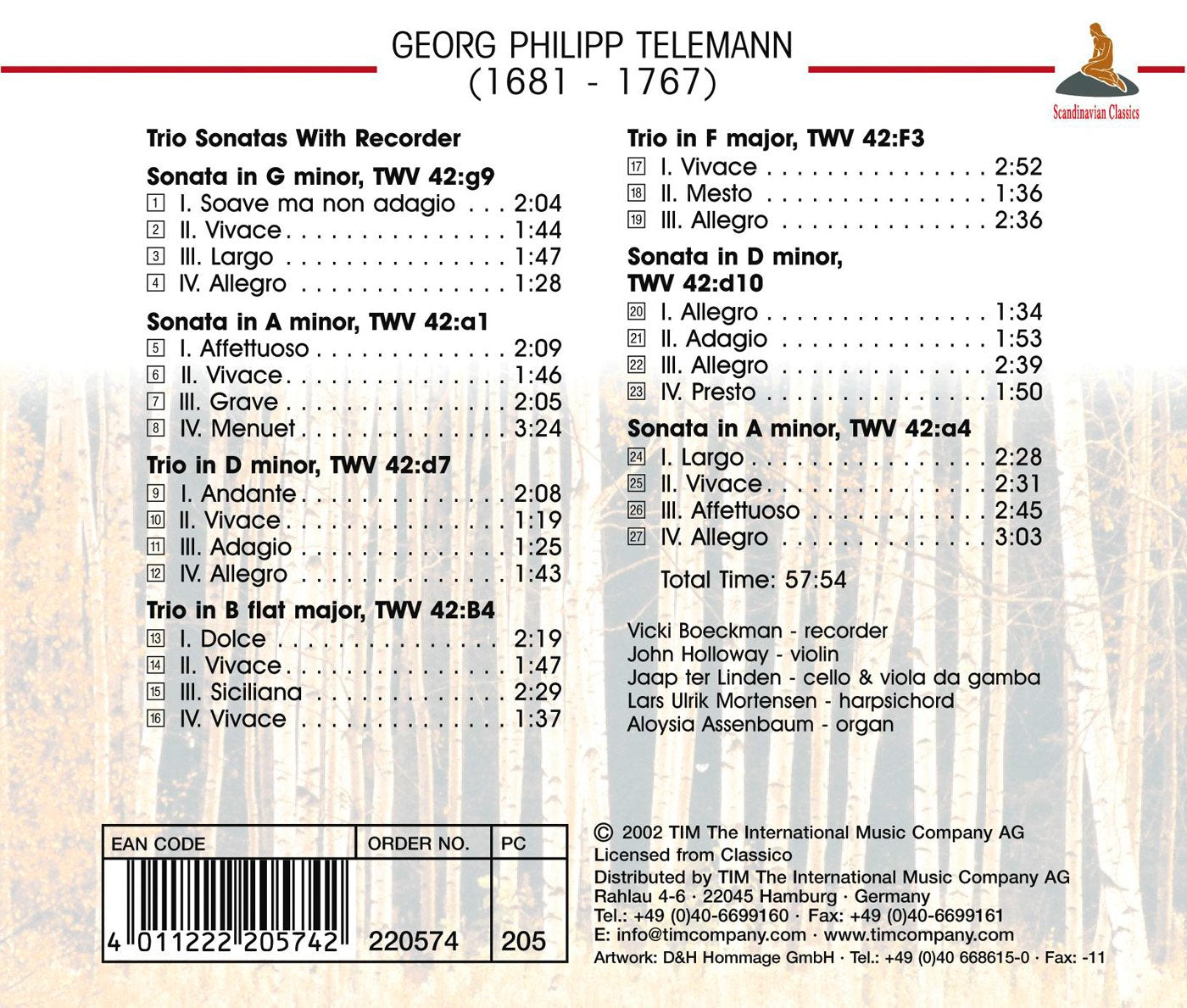 TELEMANN: Trio Sonatas With Recorder - JAAP TER LINDEN, VICKI BOEKMAN