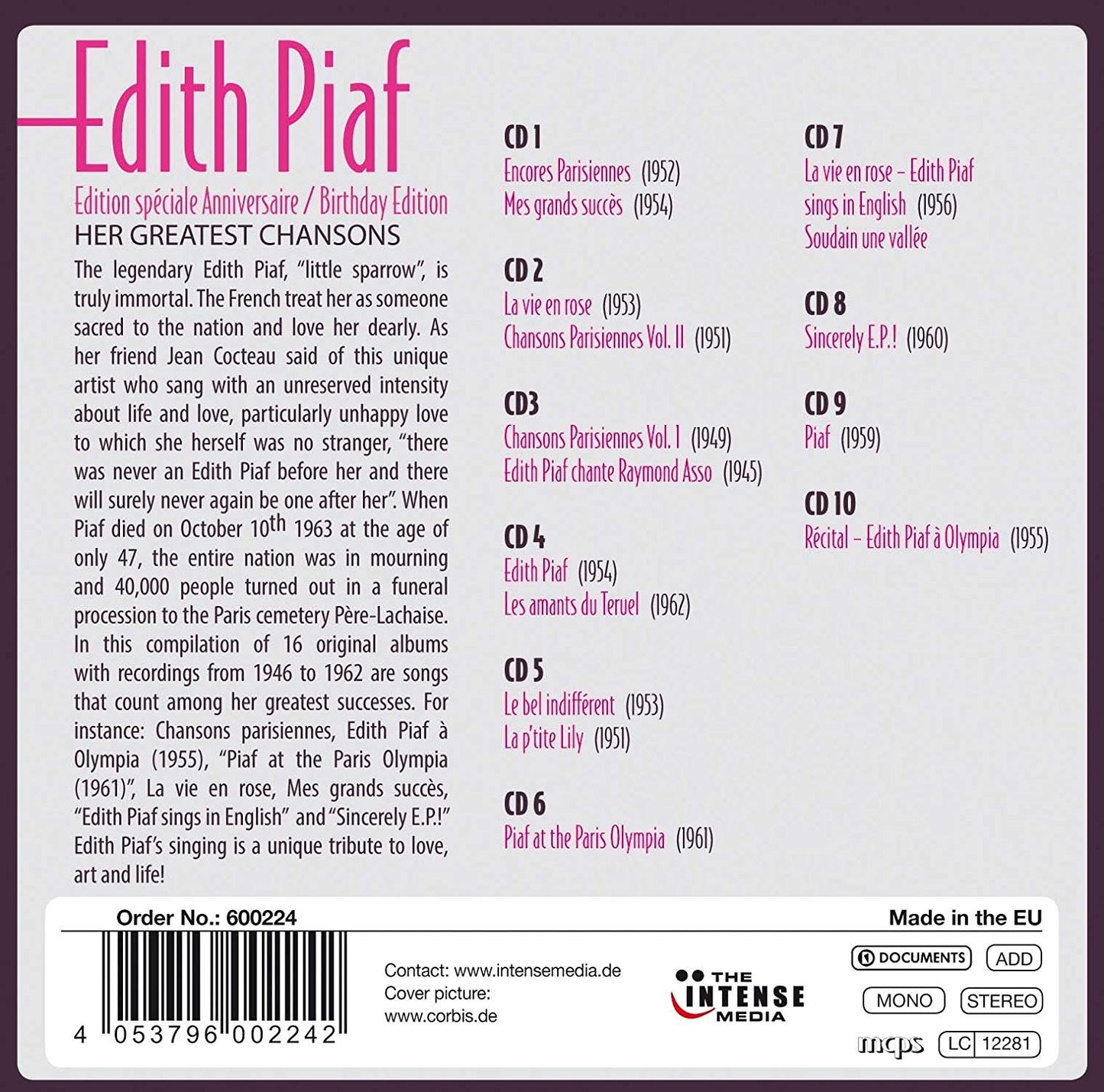 EDITH PIAF: HER GREATEST CHANSONS (10 CDS)