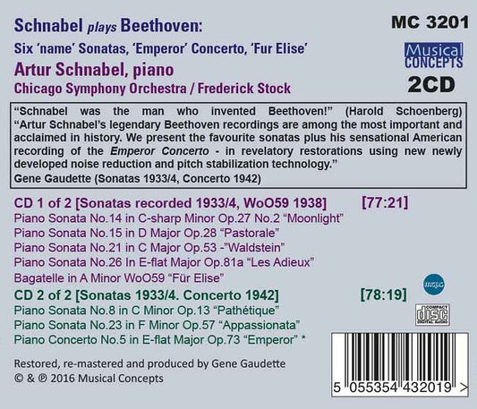 SCHNABEL PLAYS BEETHOVEN: 6 NAME SONATAS, FUR ELISE, "EMPEROR" CONCERTO (2 CDS)