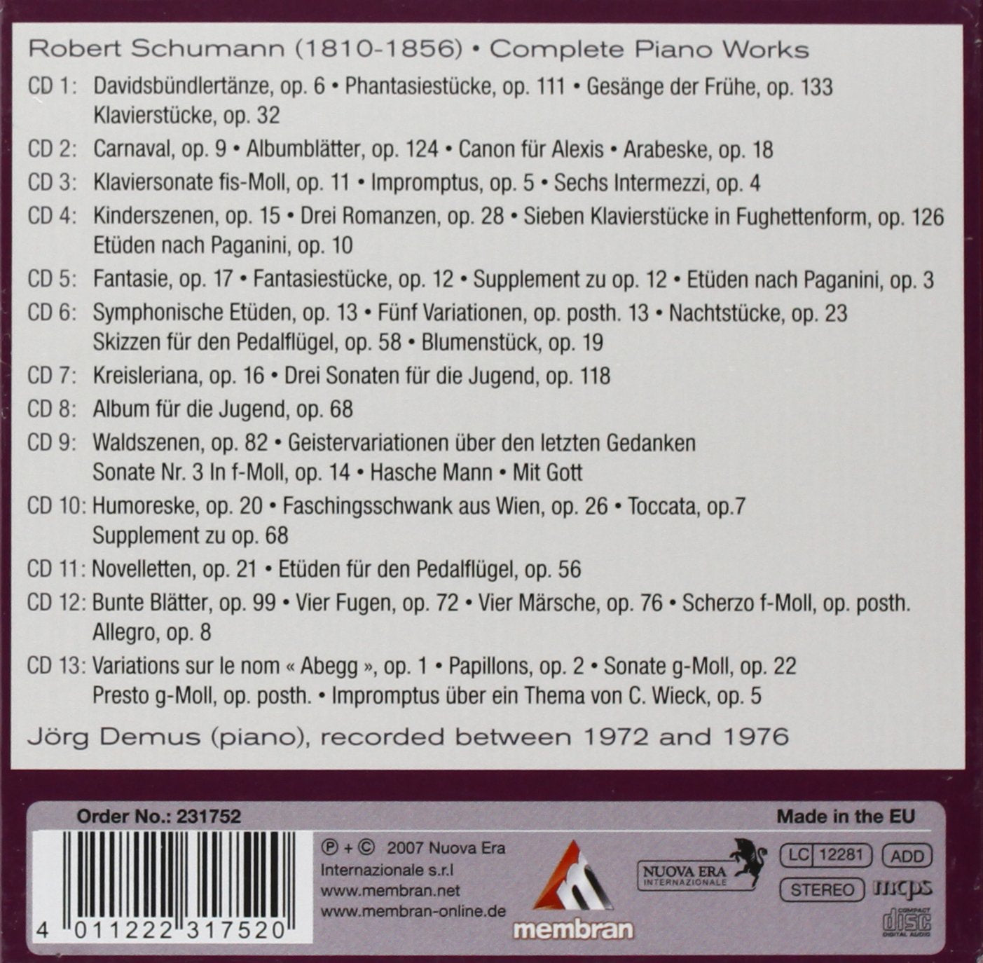 SCHUMANN: COMPLETE PIANO WORKS - JORG DEMUS (13 CDS)