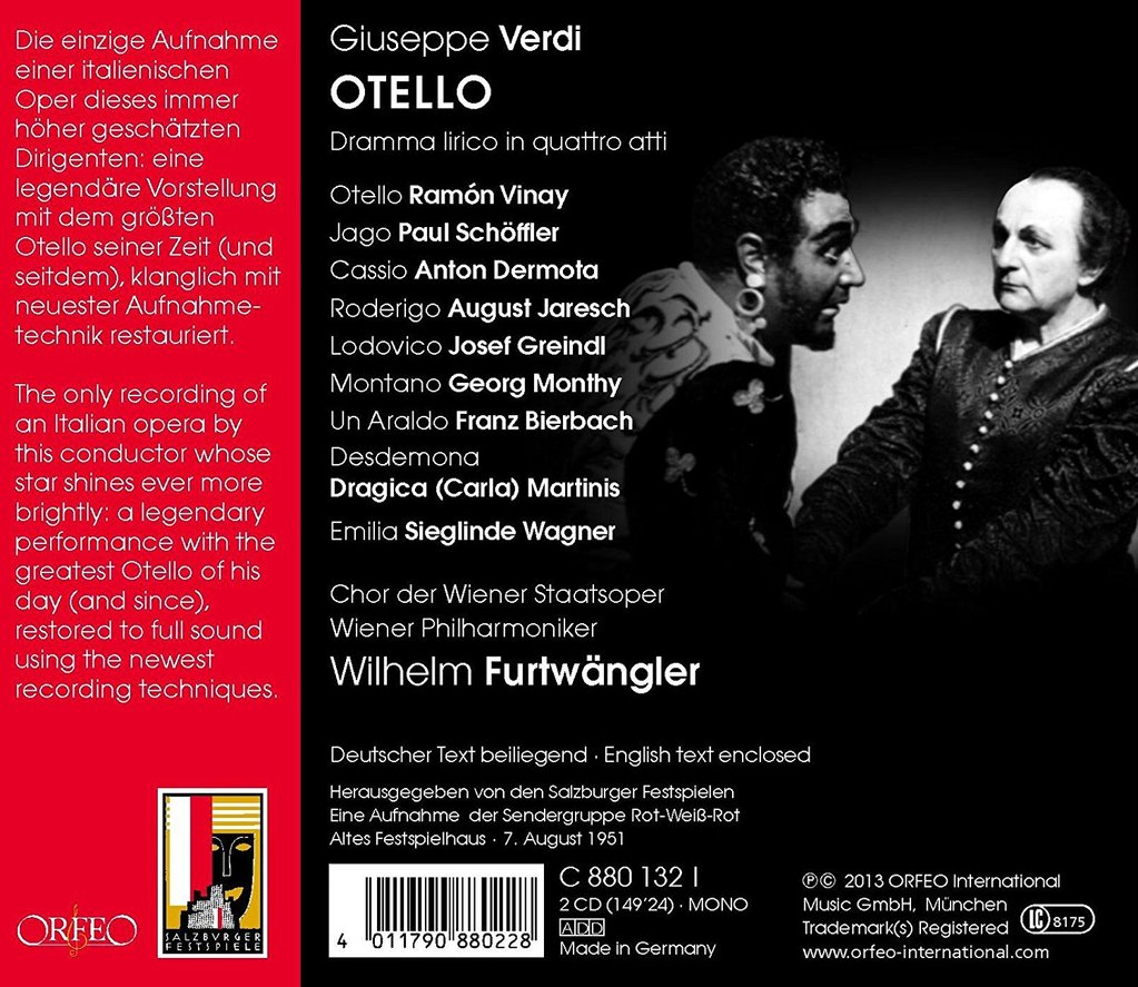 VERDI: OTELLO - RAMON VINAY; PAUL SCHOEFFLER; ANTON DERMOTA; AUGUST JARESCH; WILHELM FURTWANGLER; VIENNA PHILHARMONIC (2 CDS)