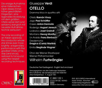 VERDI: OTELLO - RAMON VINAY; PAUL SCHOEFFLER; ANTON DERMOTA; AUGUST JARESCH; WILHELM FURTWANGLER; VIENNA PHILHARMONIC (2 CDS)