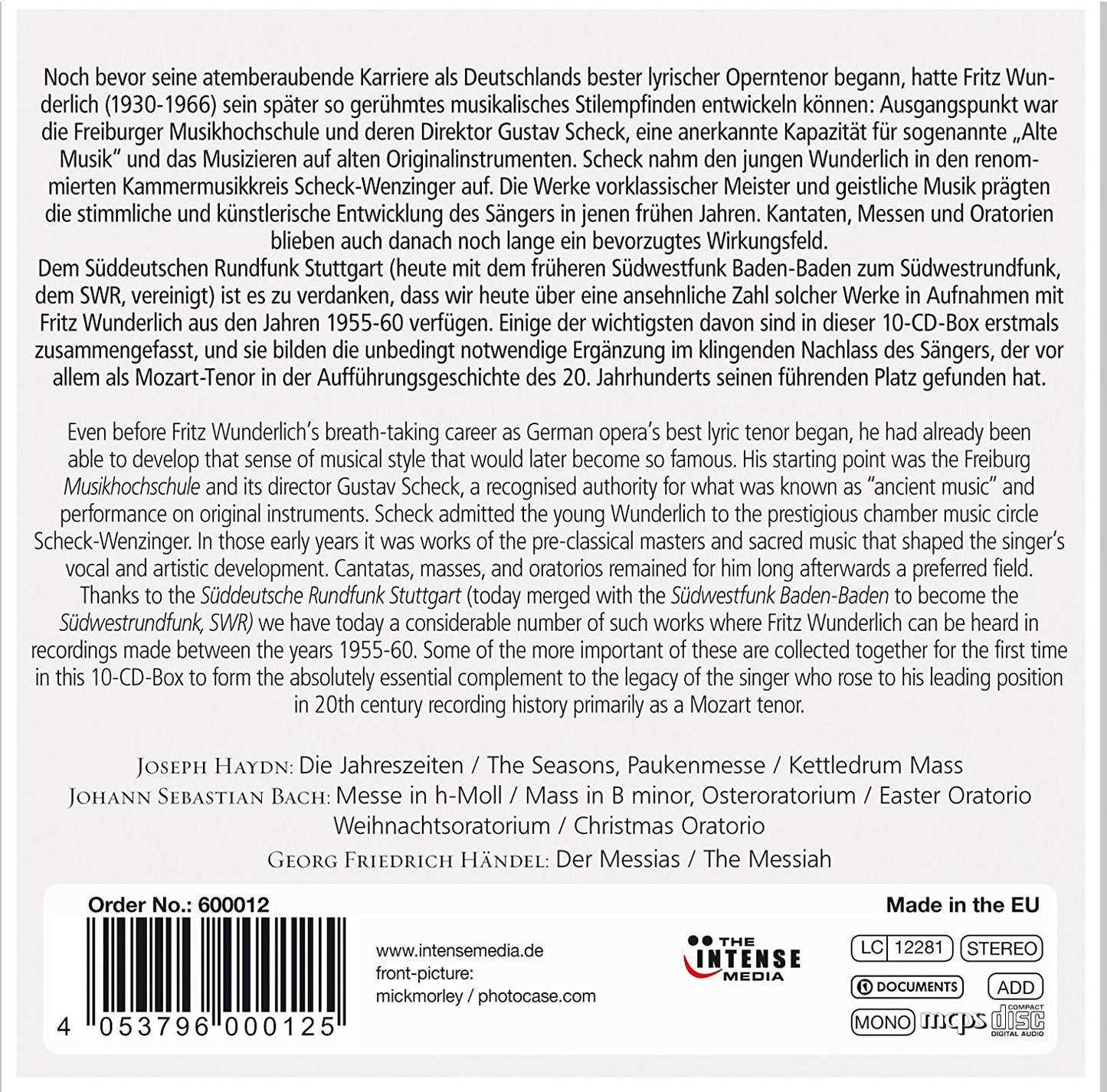 FRITZ WUNDERLICH: Masses & Oratorios (10 CDS)